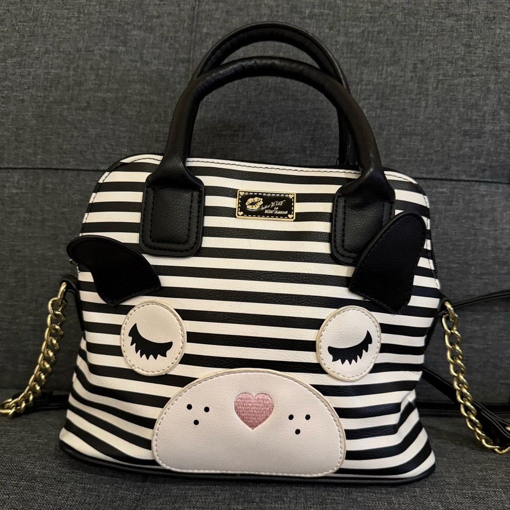 BETSY JOHNSON Luv Satchel Crossbody Striped Puppy Face Bag - Picture 6 of 10